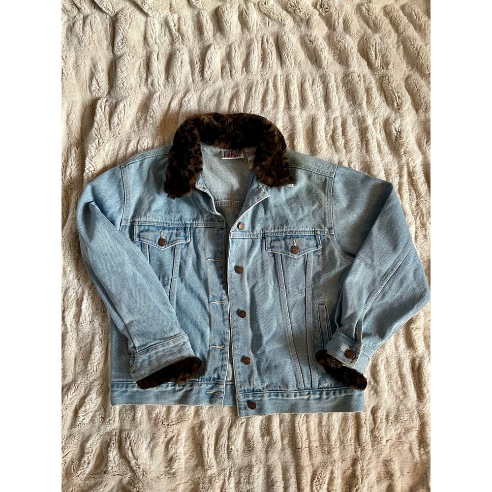 Vtg 80s 90s Bill Blass Leopard Print Faux Fur Trim Denim Jacket PM Petite Medium